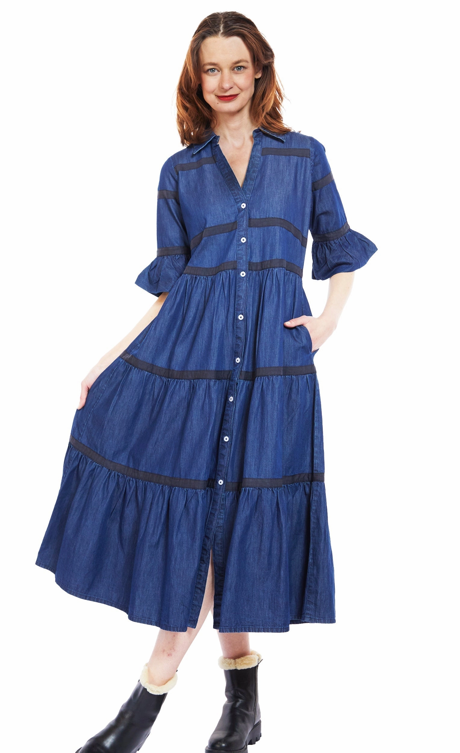 Miami Midi Dress - Denim With Black Ribbon Trim Elegant Silhouette Wrap-Style
