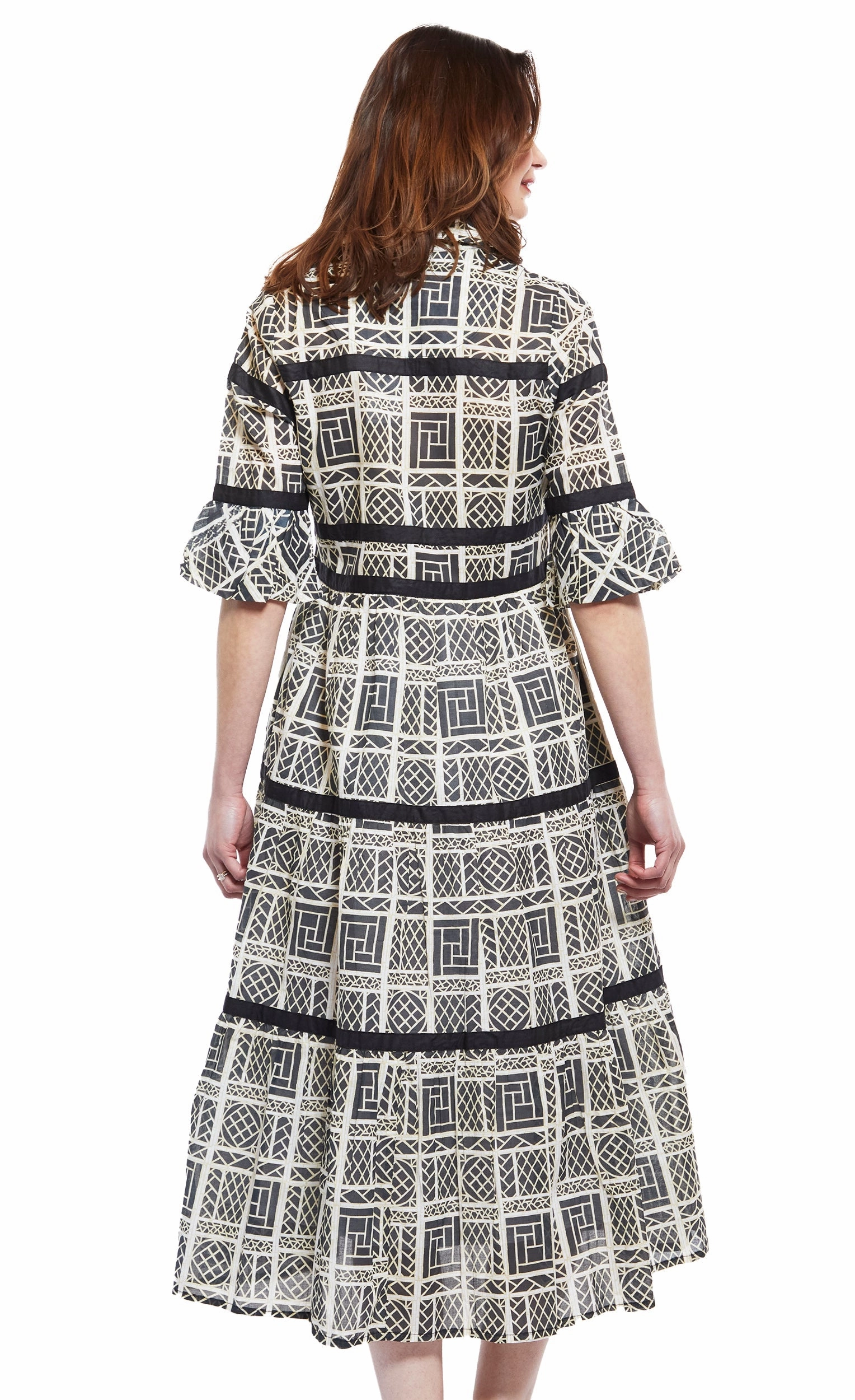 Snag-Resistant Miami Midi Dress- Black/White Wicker With Black Ribbon Trim