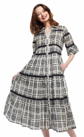Contemporary Fit Chilly Day Wear Miami Midi Dress- Black/White Wicker With Black Ribbon Trim