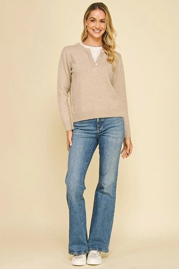 Button Detail Combo Sweater ribbed texture ConvertibleCollar