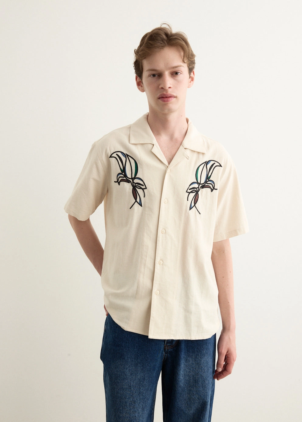 Stucco Short Sleeve Camp Collar Embroidered Shirt Chilly Day Wear