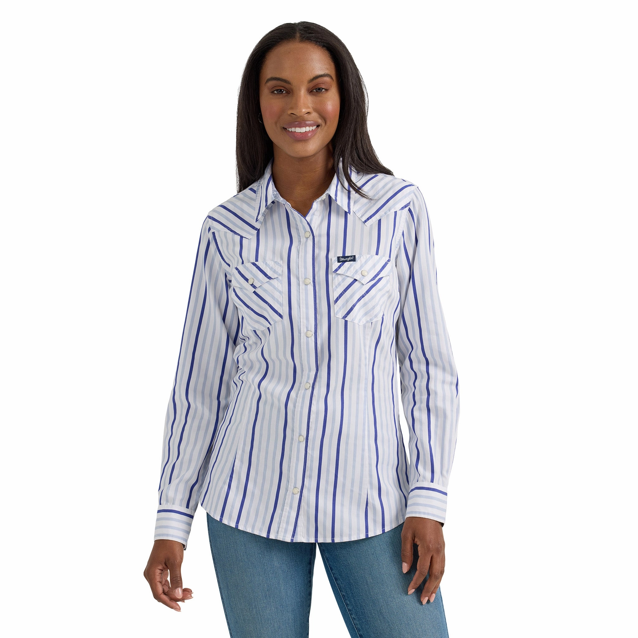 Wrinkle Resistant Texture BreathableFabric Wrangler Women's White & Multi Blue Stripe Shirt