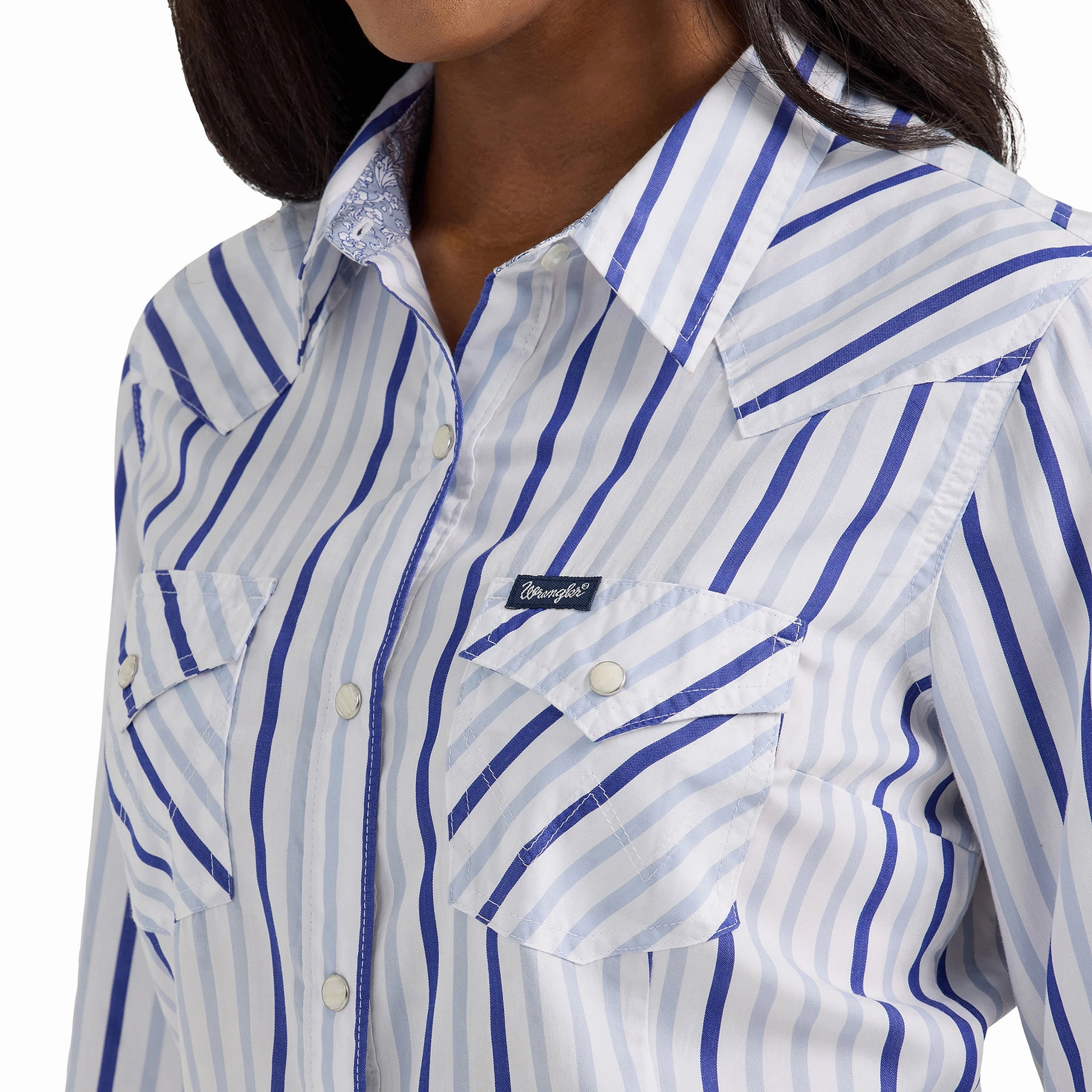 Printed top Durable Blend Wrangler Women's White & Multi Blue Stripe Shirt