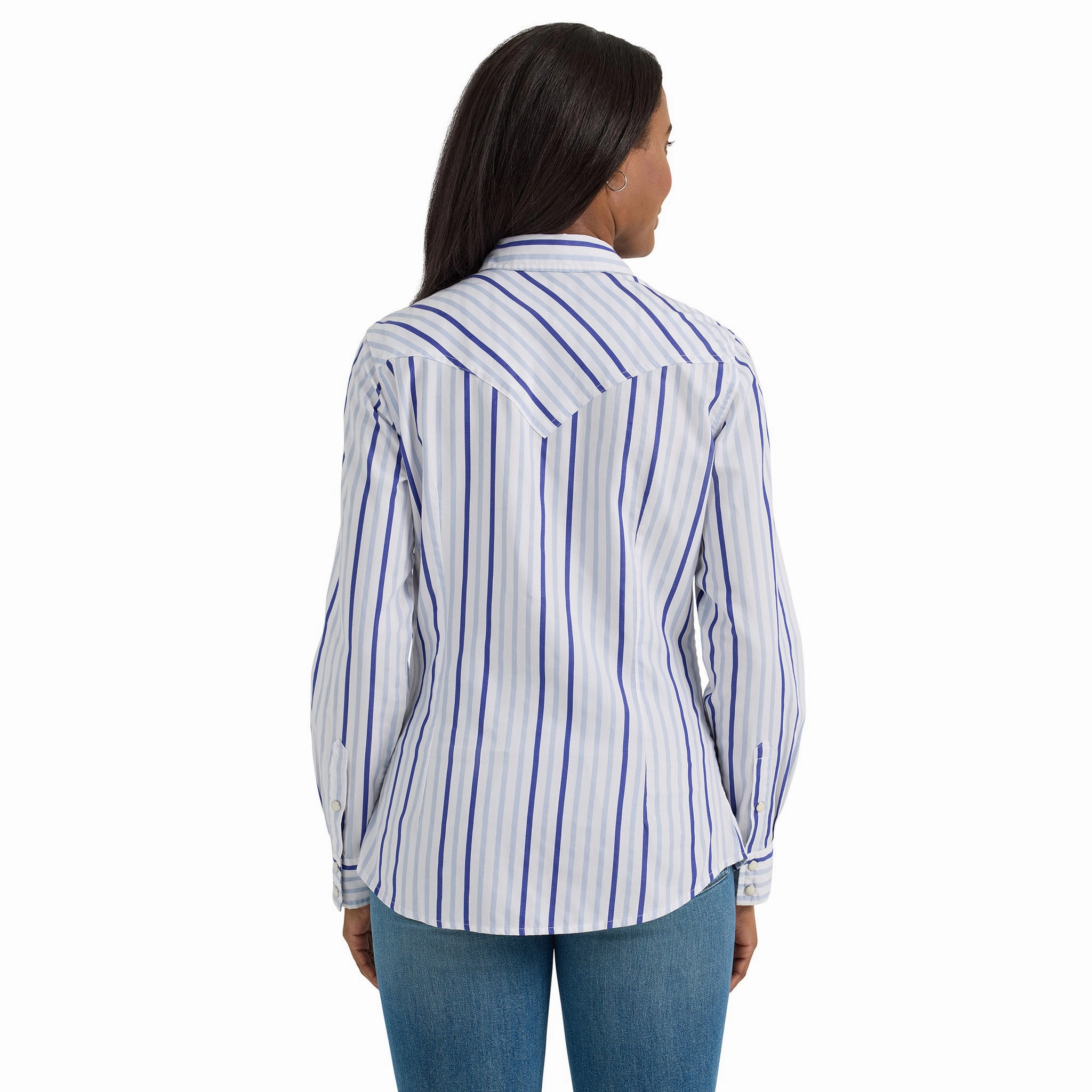 Wrangler Women's White & Multi Blue Stripe Shirt EcoFriendly Manufacturing StretchableKnit