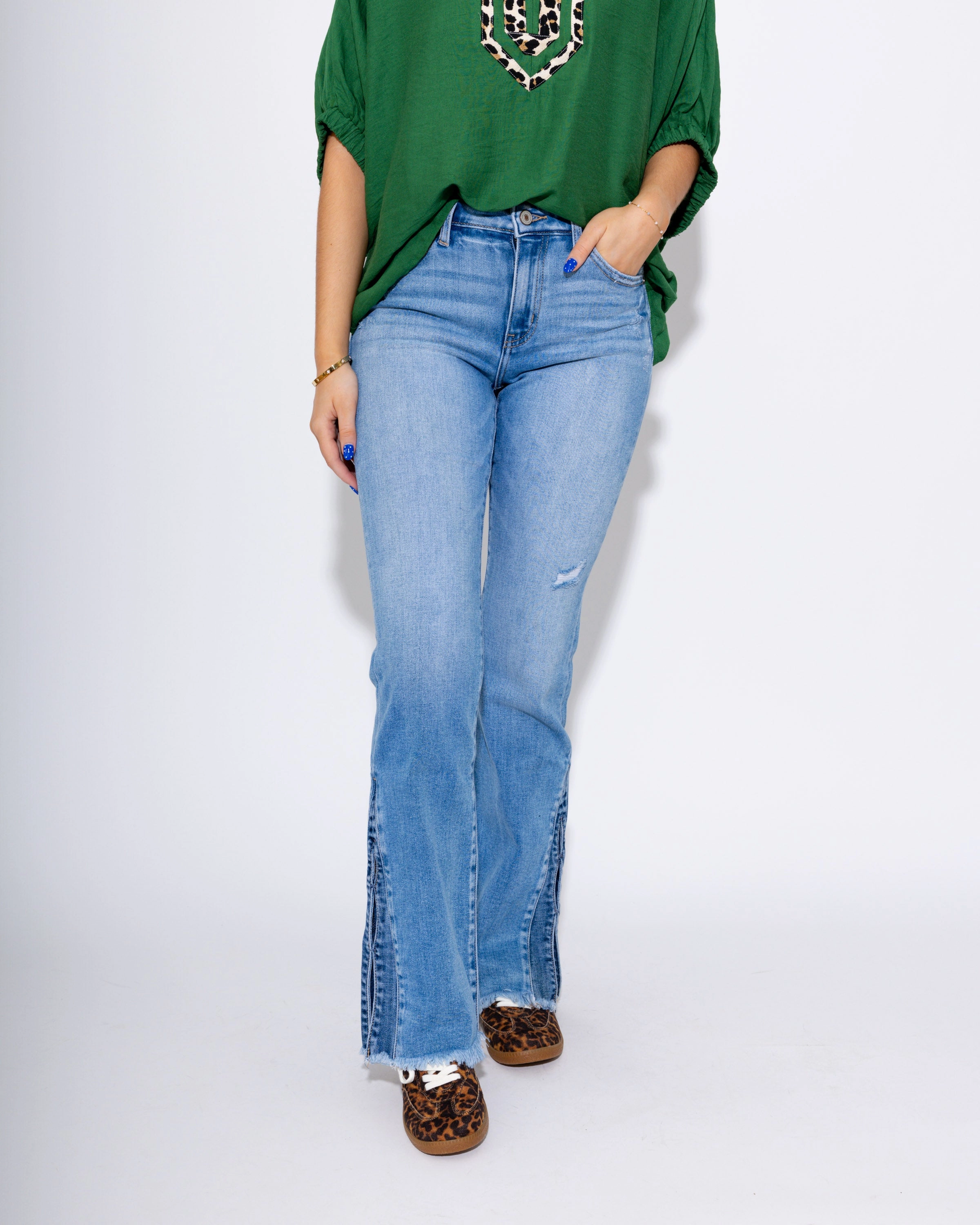 Curved Seam Construction Mid Rise Bootcut with Two-Toned Cut Seam