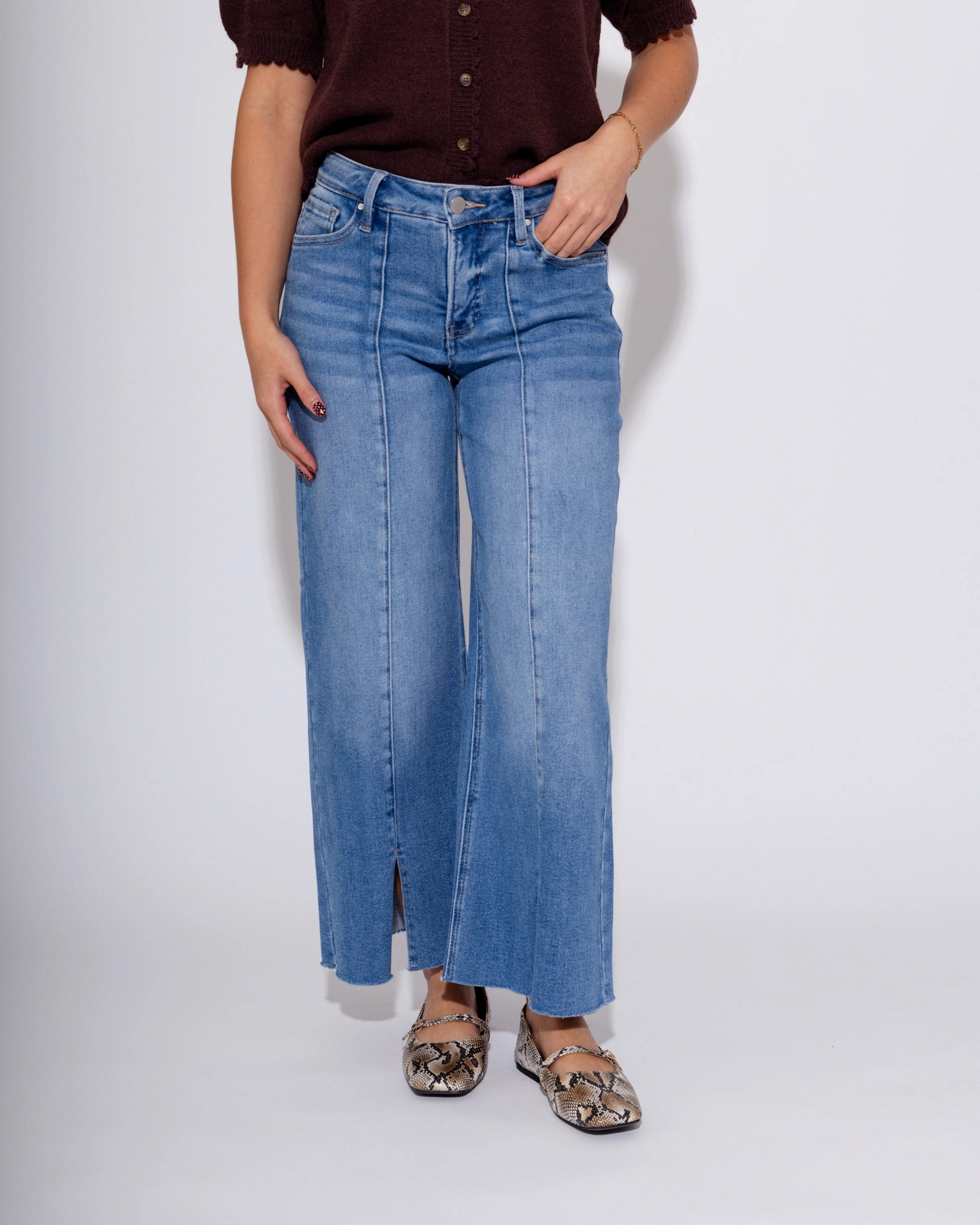 Mid-Rise Crop Wide Front Slit Jean Work Meeting Beach Day Flex Knit Waist Panel