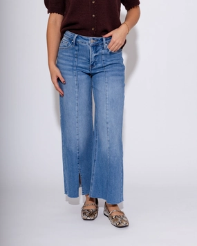Mid-Rise Crop Wide Front Slit Jean Work Meeting Beach Day Flex Knit Waist Panel
