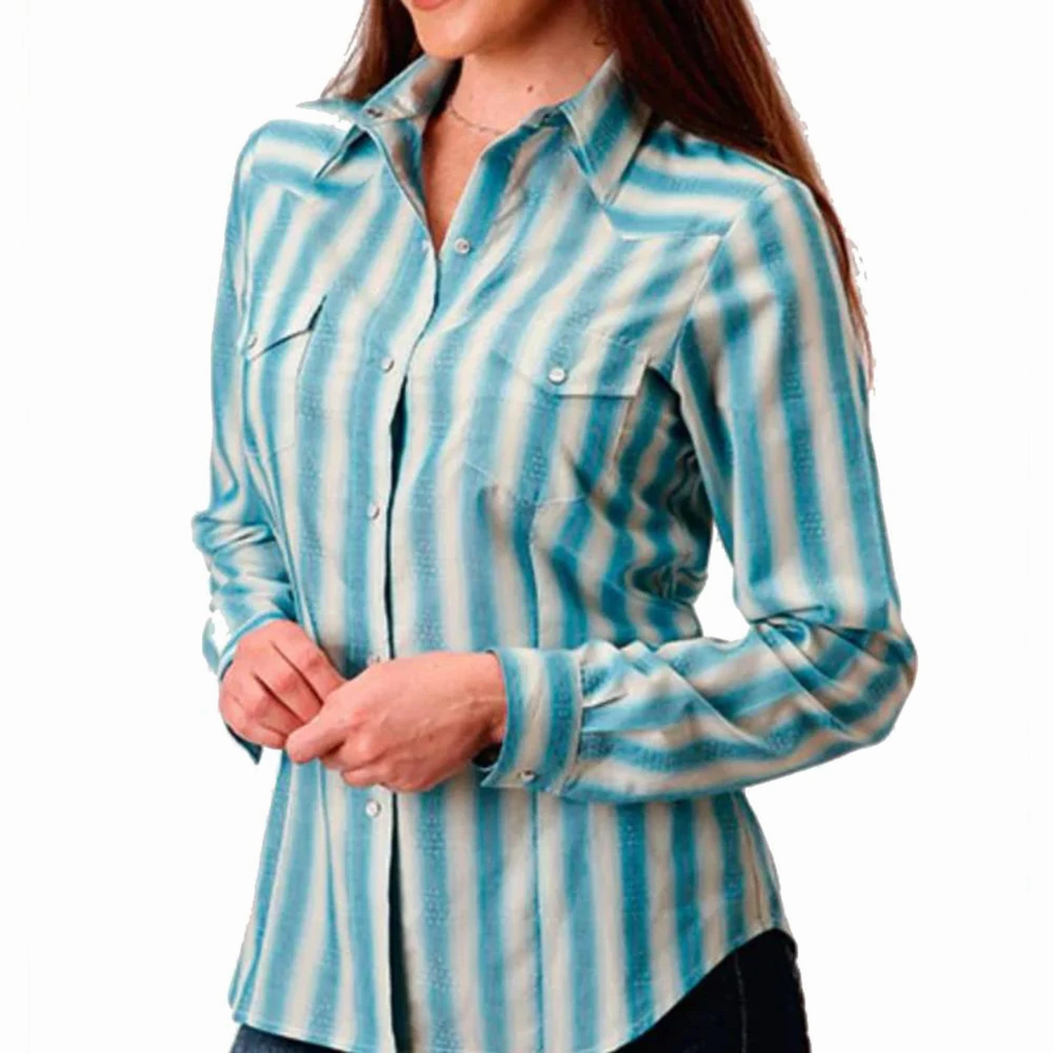 Flowing Design Roper Women's Aqua & Cream Ombre Stripe Shirt