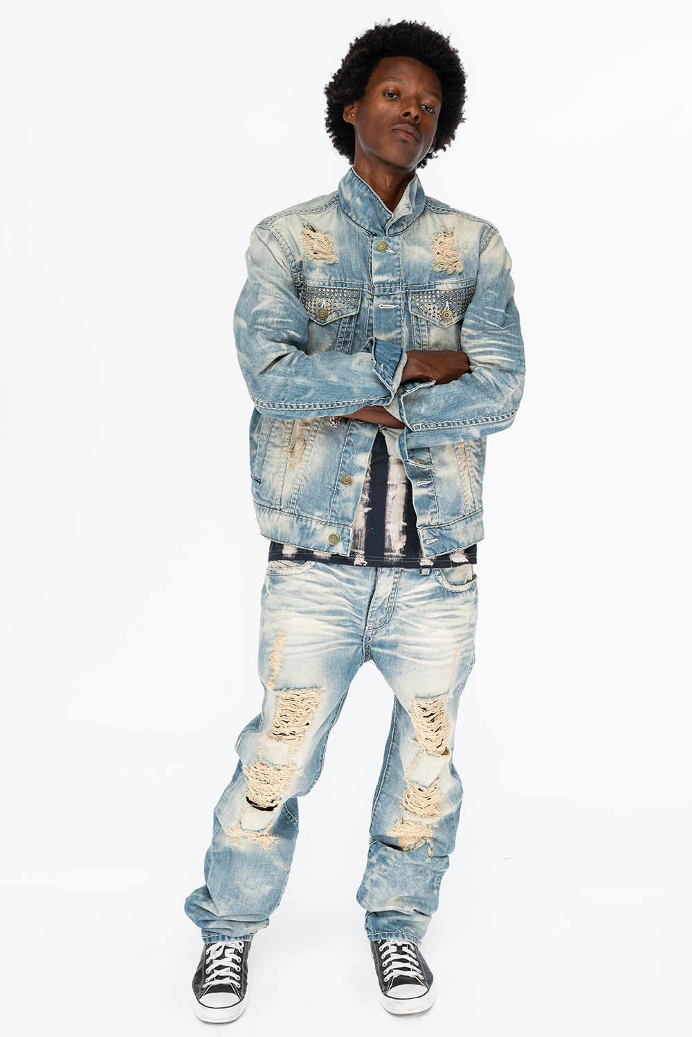 VINTAGE INDIGO DISTRESSED ,RIPPED JEAN JKT WITH WHITE CONTRAST STICH IN OMAHA BROKEN WASH WITH CRYSTALS Weatherproof Zipper Closure Sleek Layers