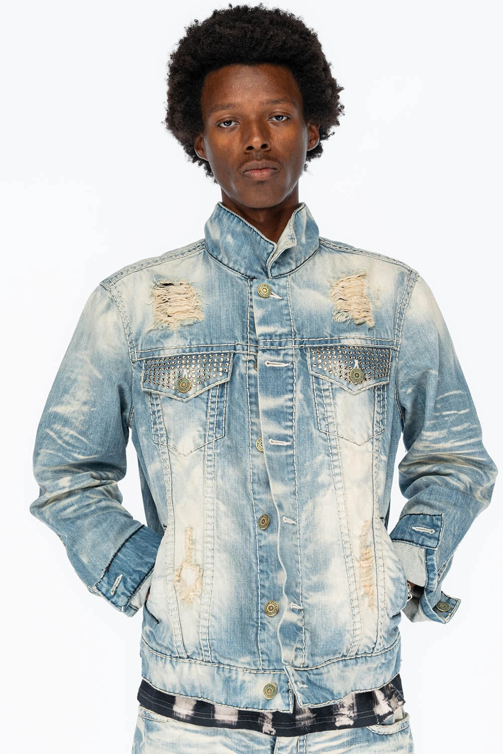 Wind Stop VINTAGE INDIGO DISTRESSED ,RIPPED JEAN JKT WITH WHITE CONTRAST STICH IN OMAHA BROKEN WASH WITH CRYSTALS
