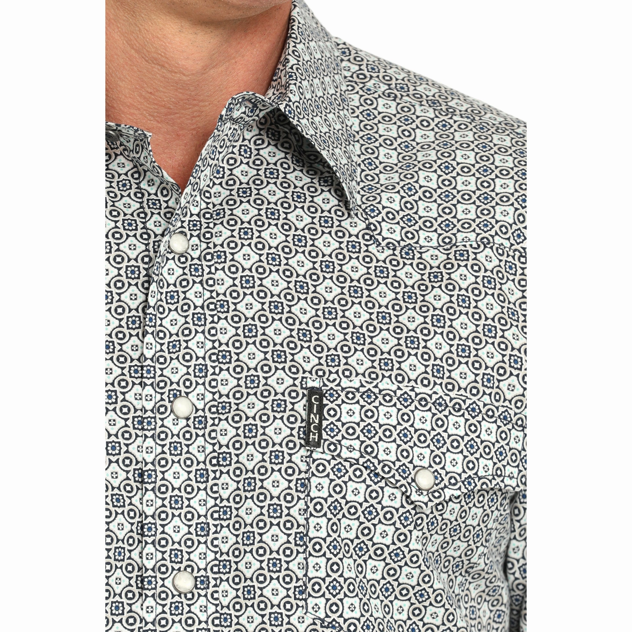 Cinch Men's Long Sleeve White Geo Print Laser Cut Edge Detail