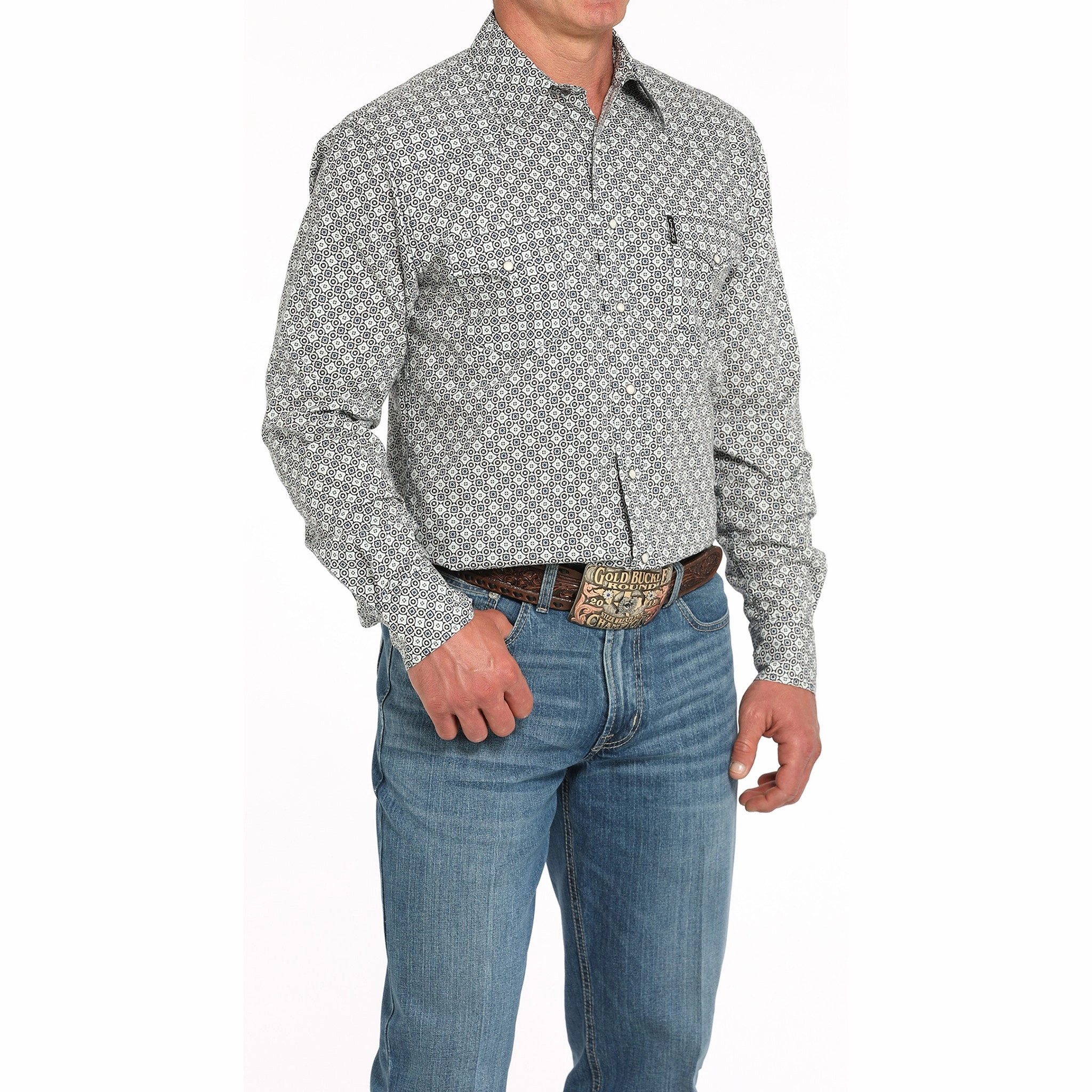 garden party Smart Casual Wear Cinch Men's Long Sleeve White Geo Print