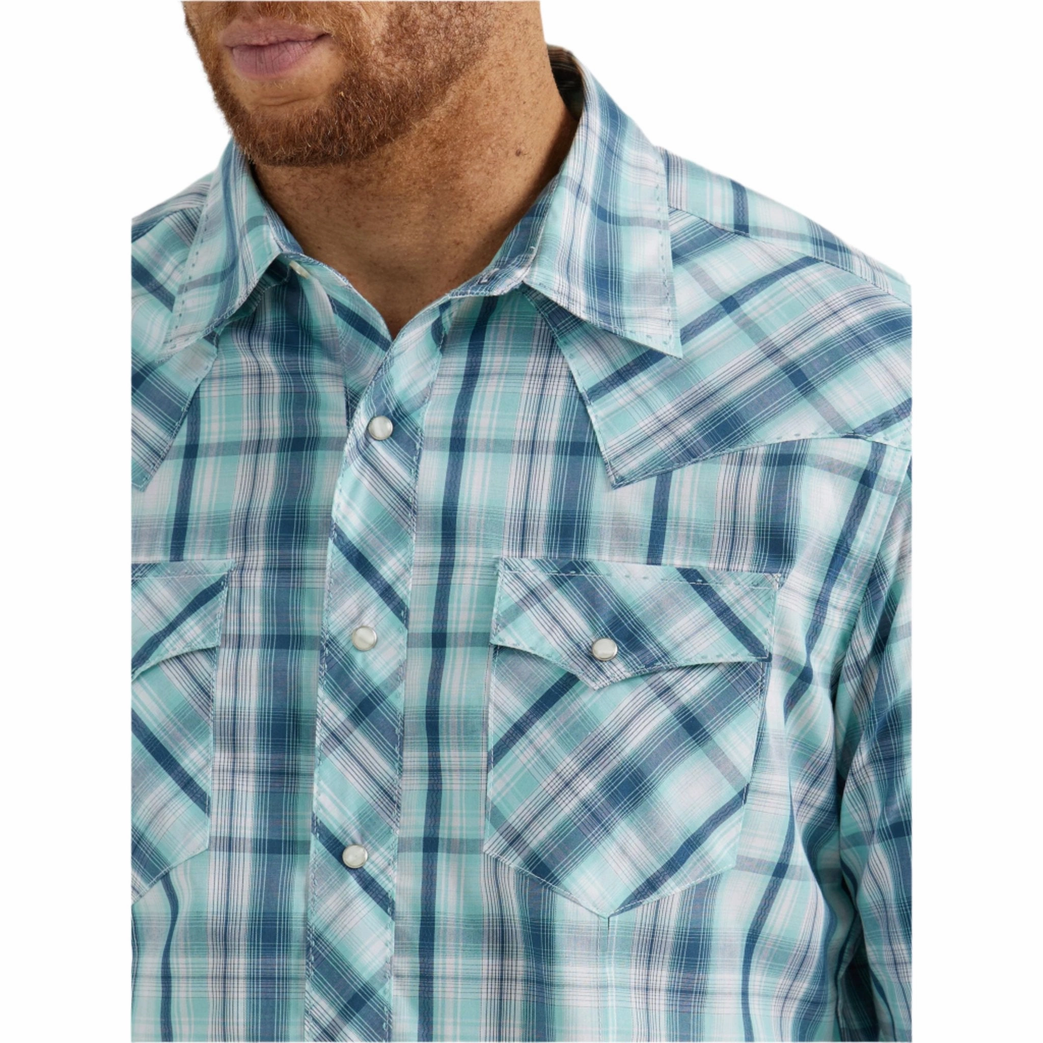 Eco-friendly Wrangler Men's Mint & Navy Plaid Snap Shirt