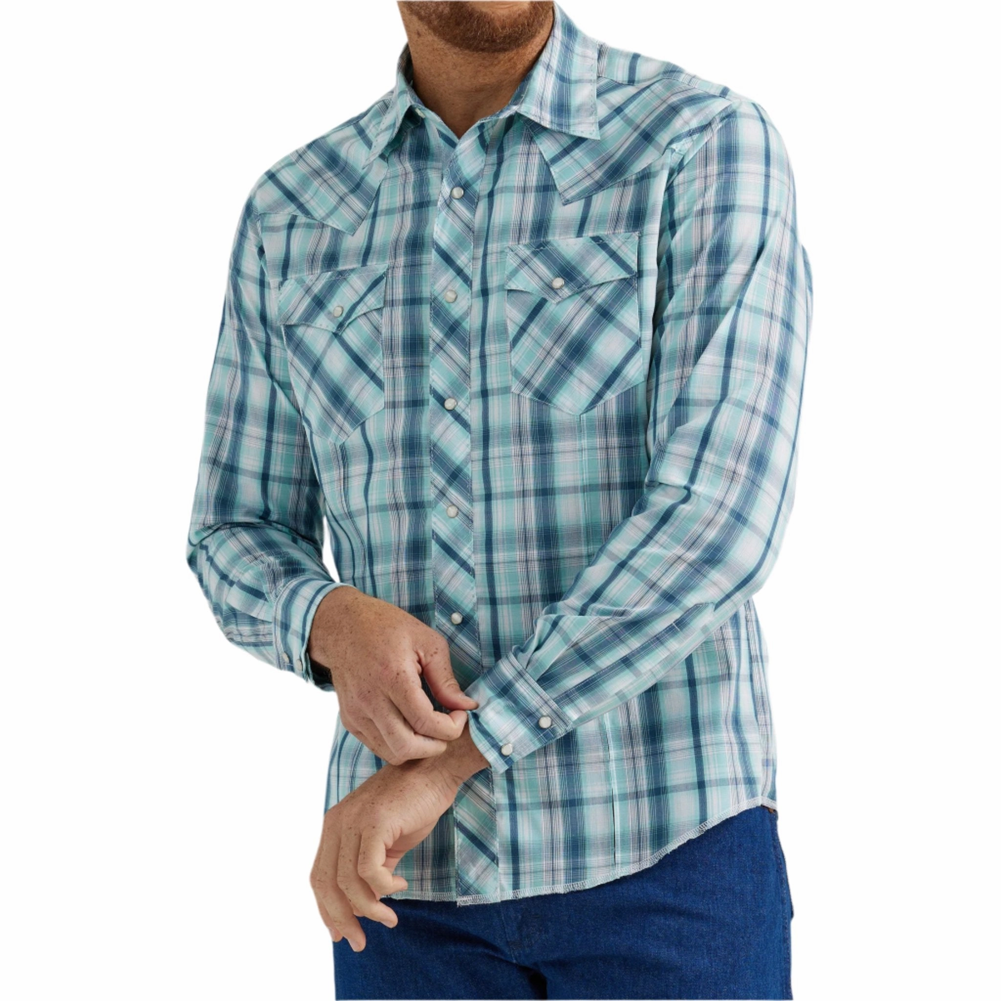 Cozy Wear Wrangler Men's Mint & Navy Plaid Snap Shirt
