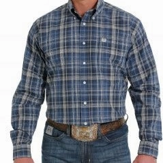 Festival Outfit Non Irritating Seams Cinch Men's Blue Plaid Long Sleeve