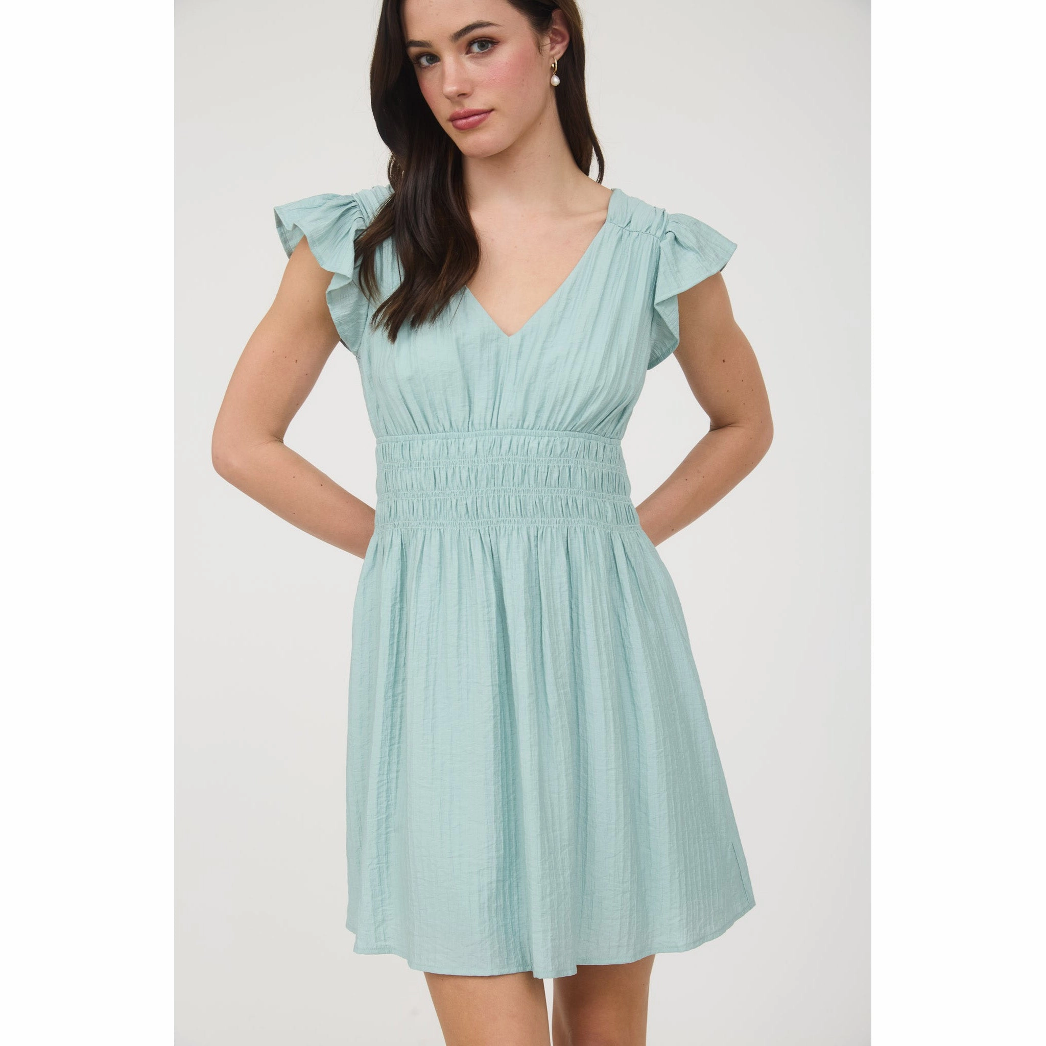 Mint Smocked Flutter Sleeve Dress Fashionable Fit