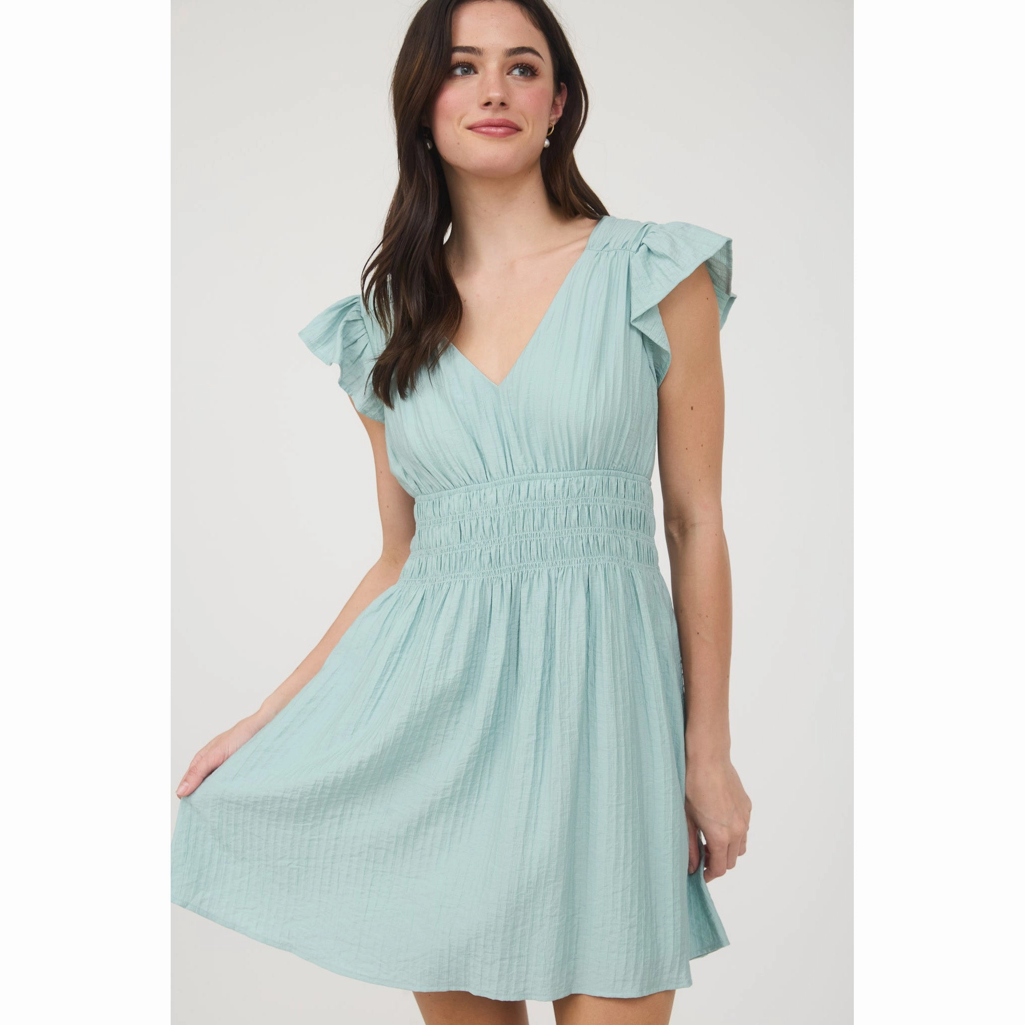 Mint Smocked Flutter Sleeve Dress Golden Scene