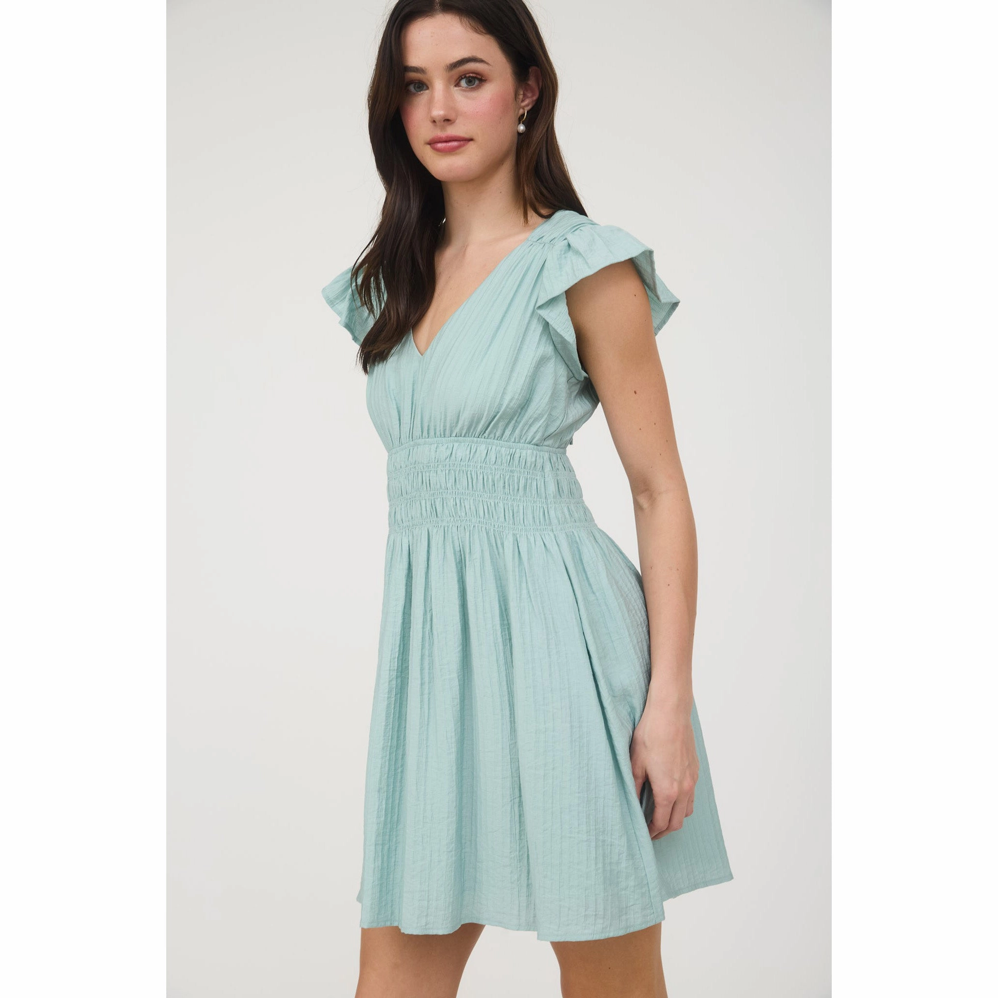 Mint Smocked Flutter Sleeve Dress Open-back