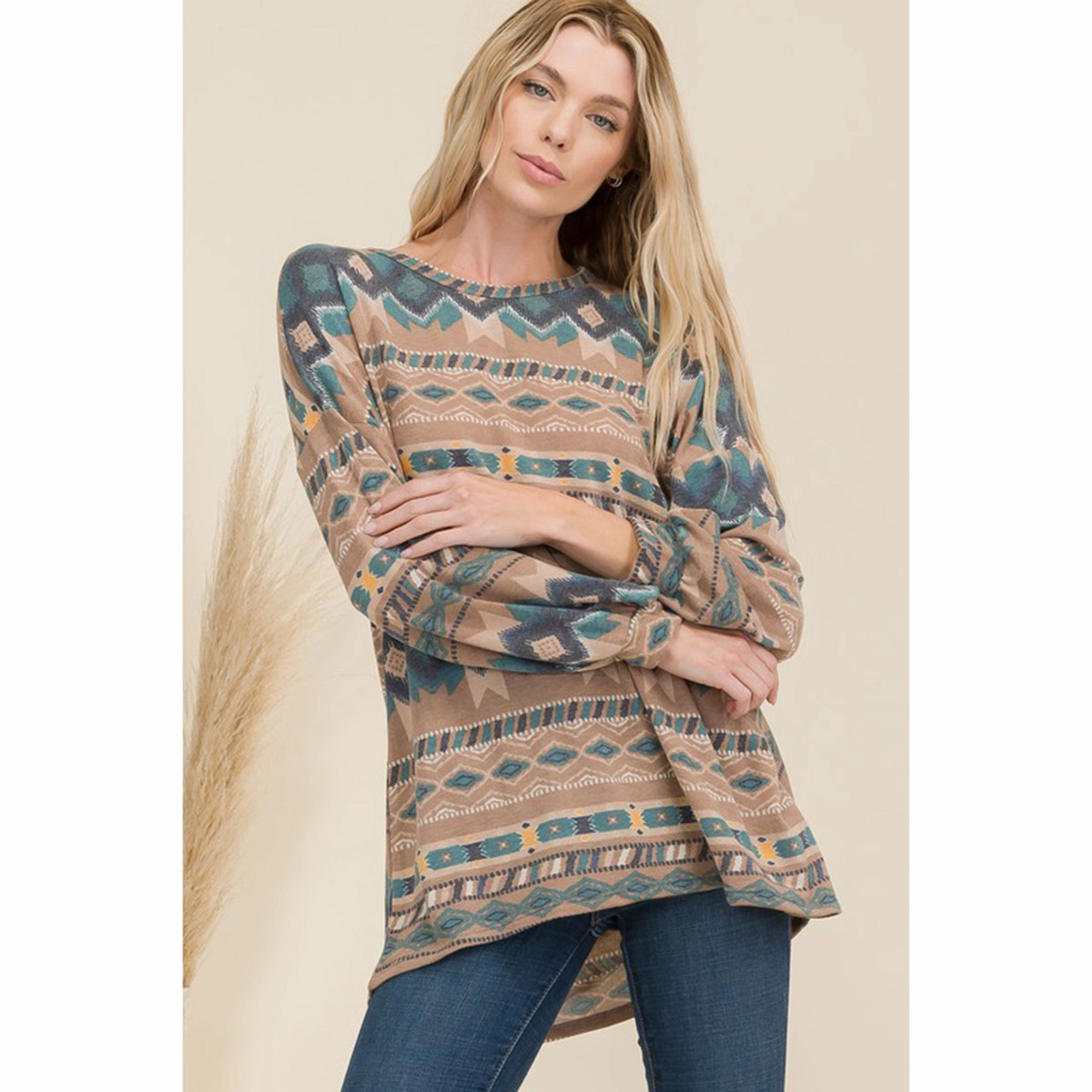 Soft Brushed Finish Quick Release Buttons Mocha Aztec Print High-Low Top