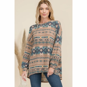 Mocha Aztec Print High-Low Top Elegant Blouse