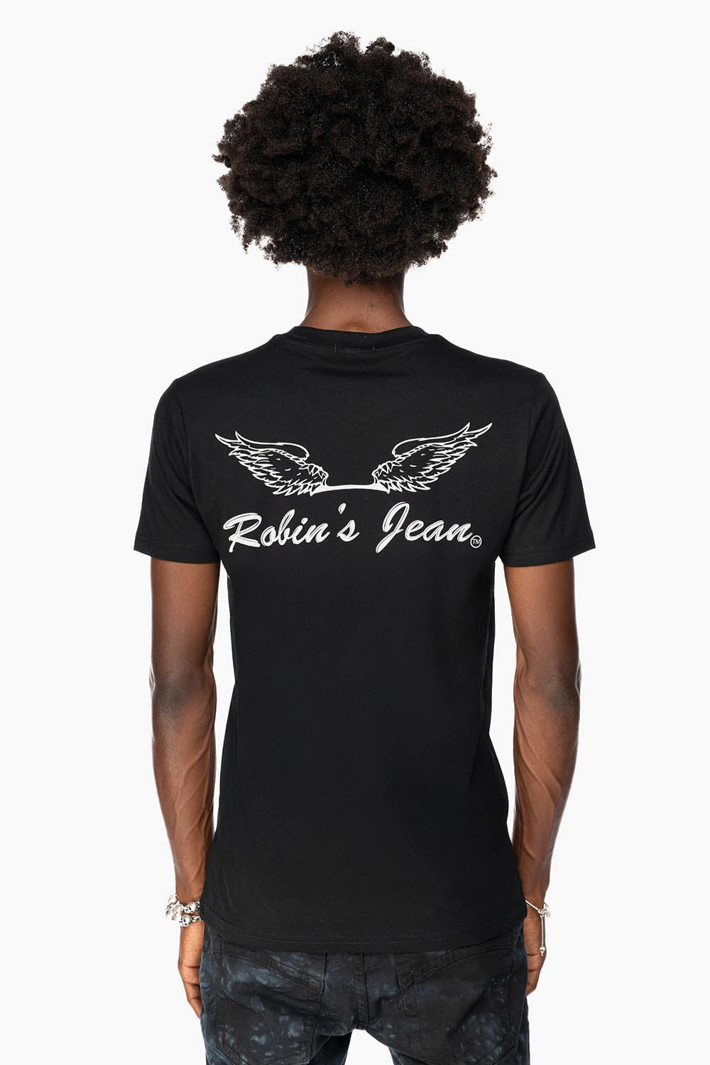 Daily Outfit Style Heathered Fabric ROBIN??S LOGO WINGS TEE IN BLACK WHITE
