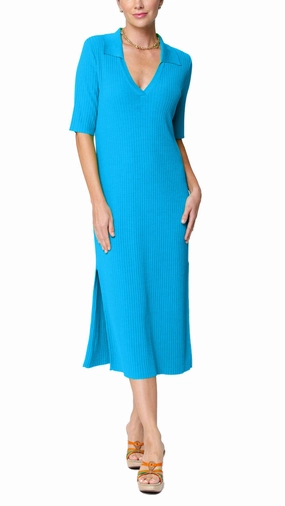 Gillian Rib Knit Midi Polo Dress - Turquoise Feminine Energy Scandi Light