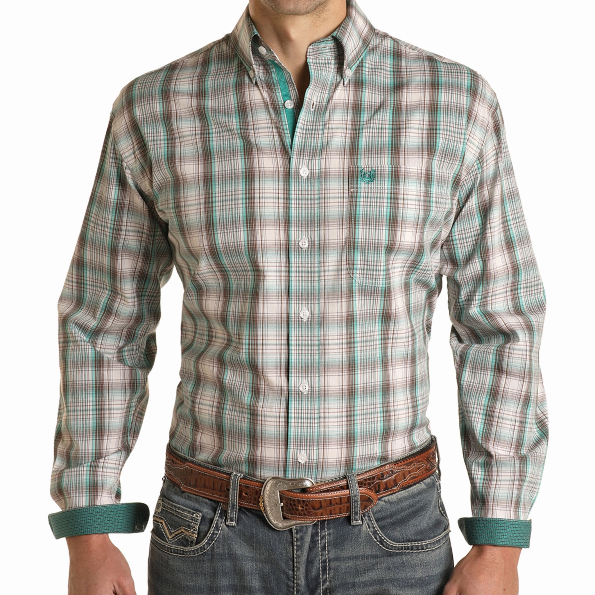 Rock & Roll Men's Turq/Brown Plaid Long Sleeve Everyday Look Eco friendly materials