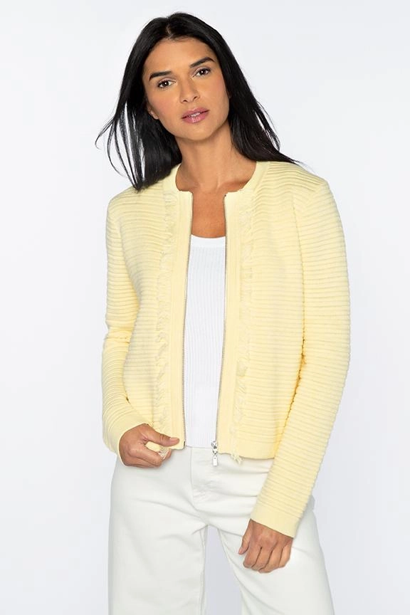 Fringe Trim Zip Cardigan Chill Comfort Fit Versatile Performance