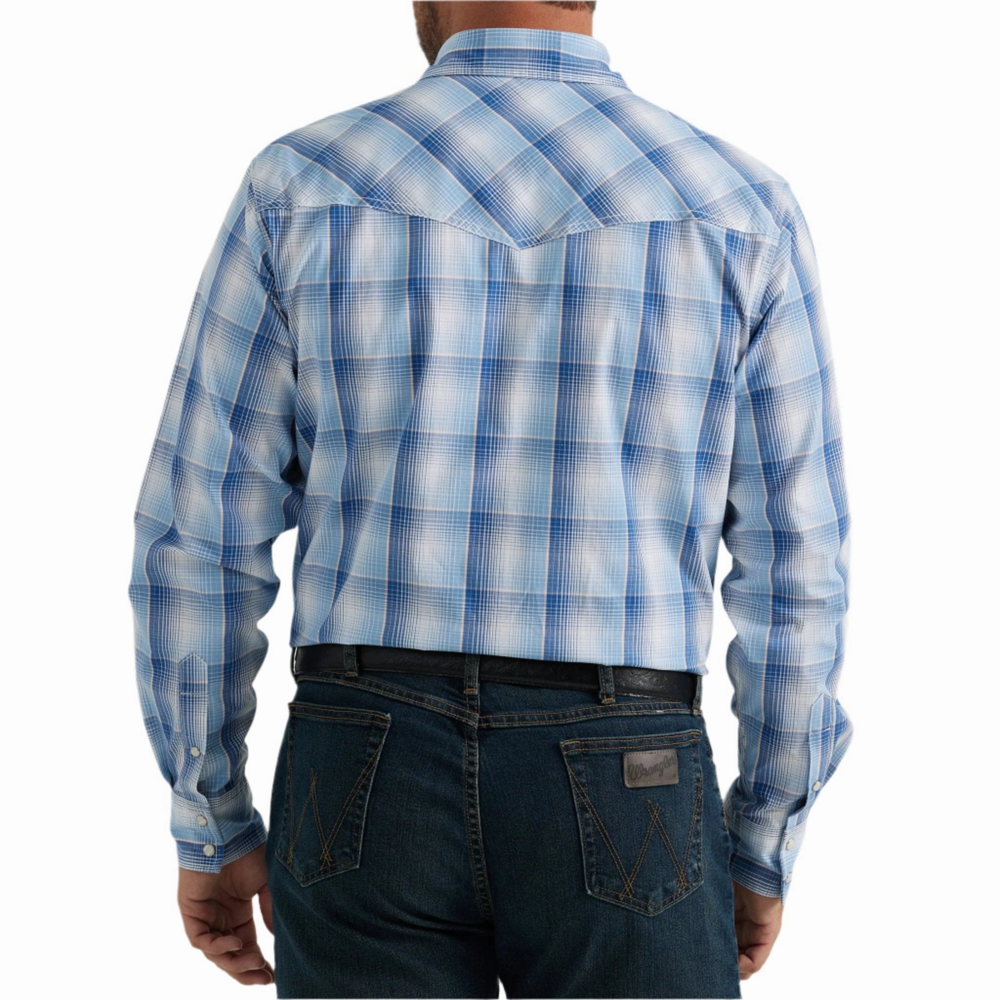 Ergonomic Sleeve Cut Wrangler Men's Blue & White Plaid 20X Competition Shirt