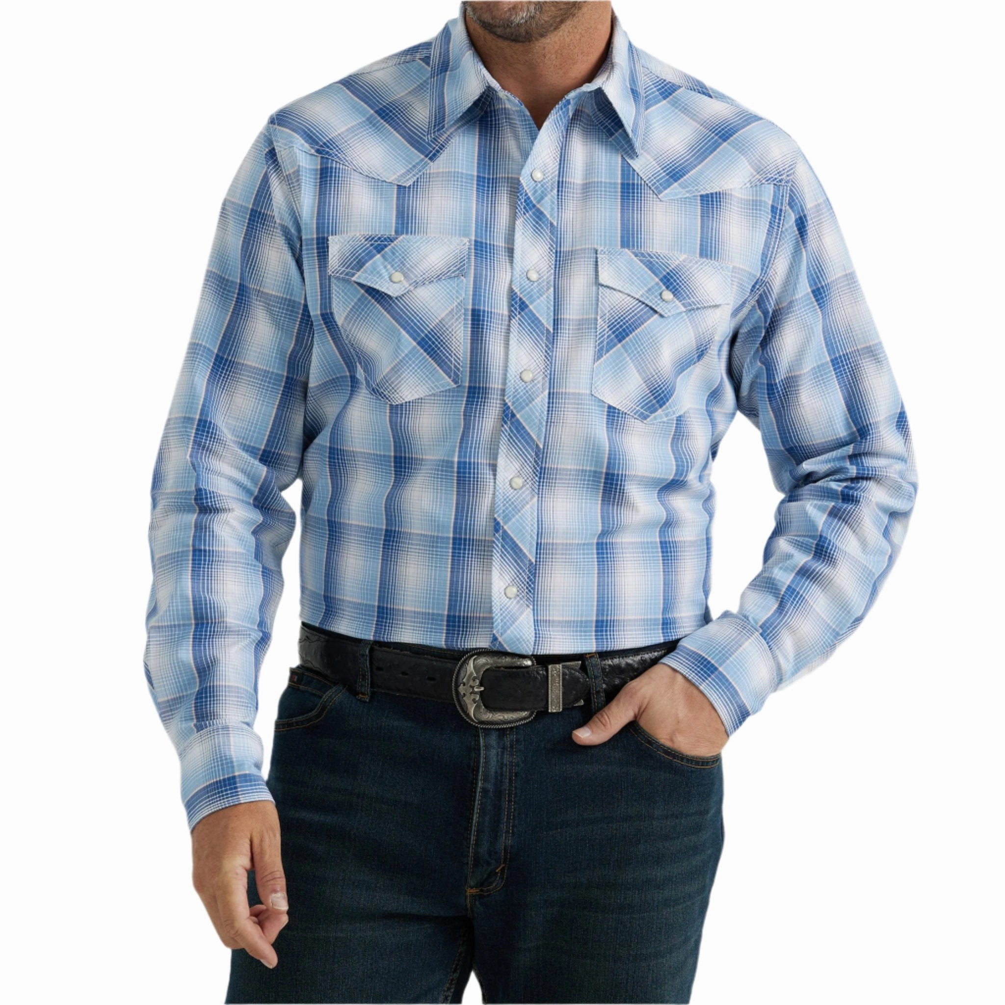 Wrangler Men's Blue & White Plaid 20X Competition Shirt Durable Quality
