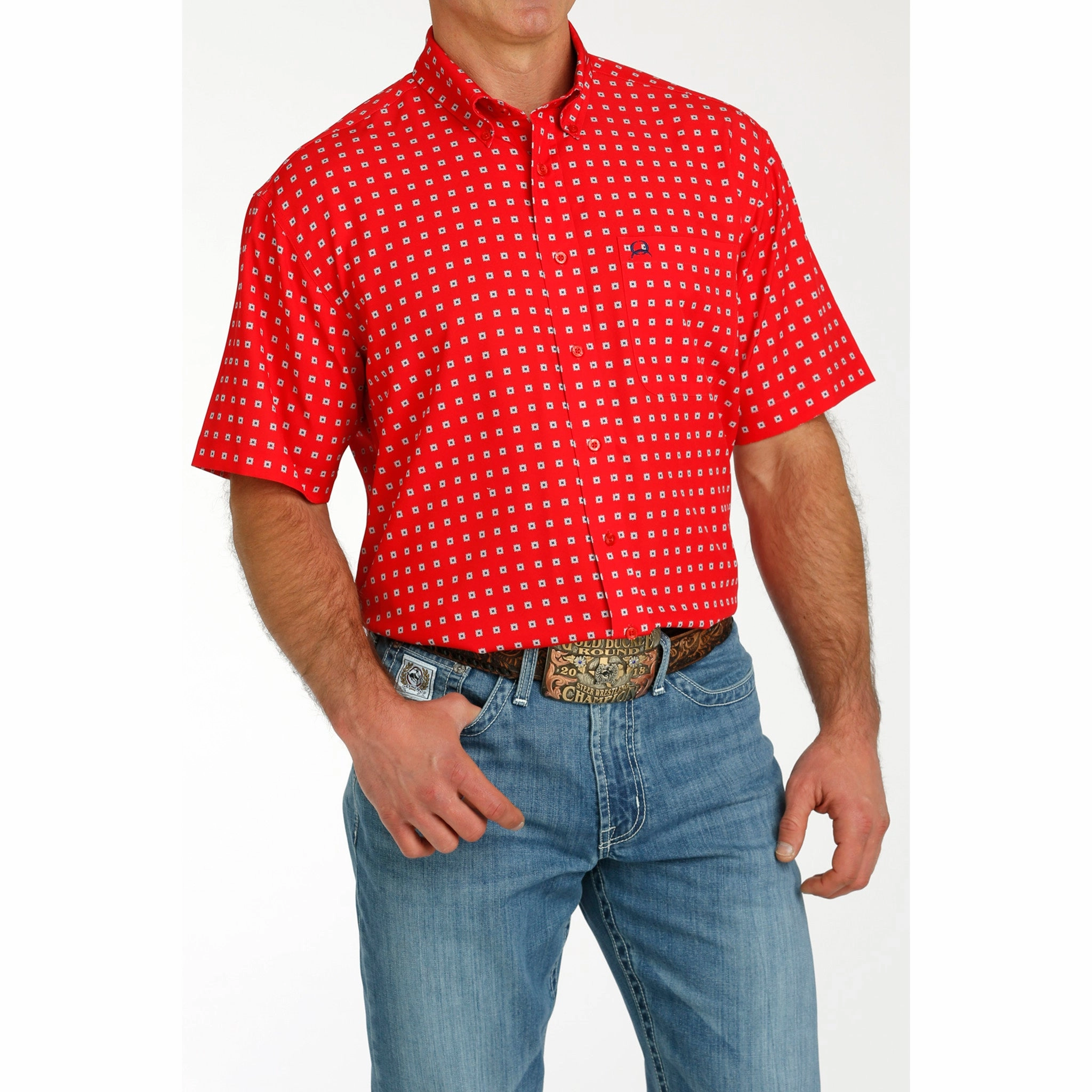 Smooth zipper closure No Chafe Edging Cinch Men's Red Print Arenaflex Short Sleeve