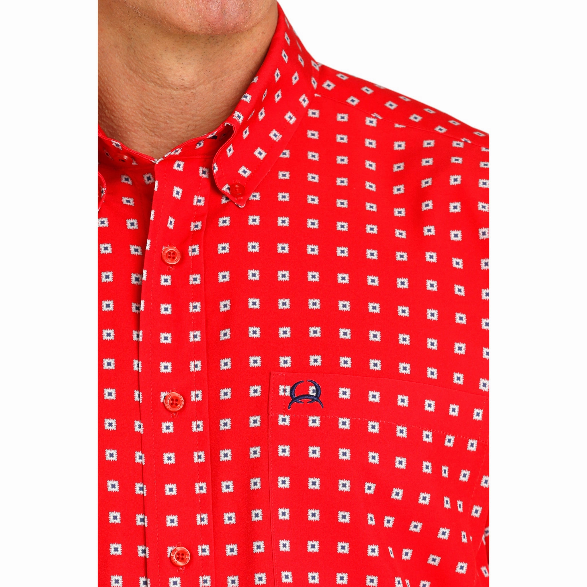 Flexible Placket Structure Tuckable Hem Cinch Men's Red Print Arenaflex Short Sleeve