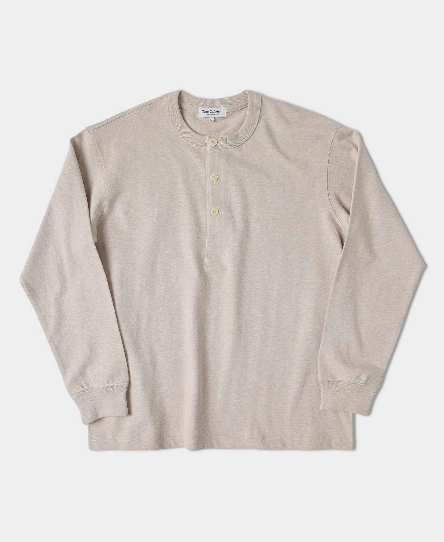 Heather Texture Finish 1930s 10.5 oz Cotton Loopwheel Tubular Henley Shirt - Oatmeal