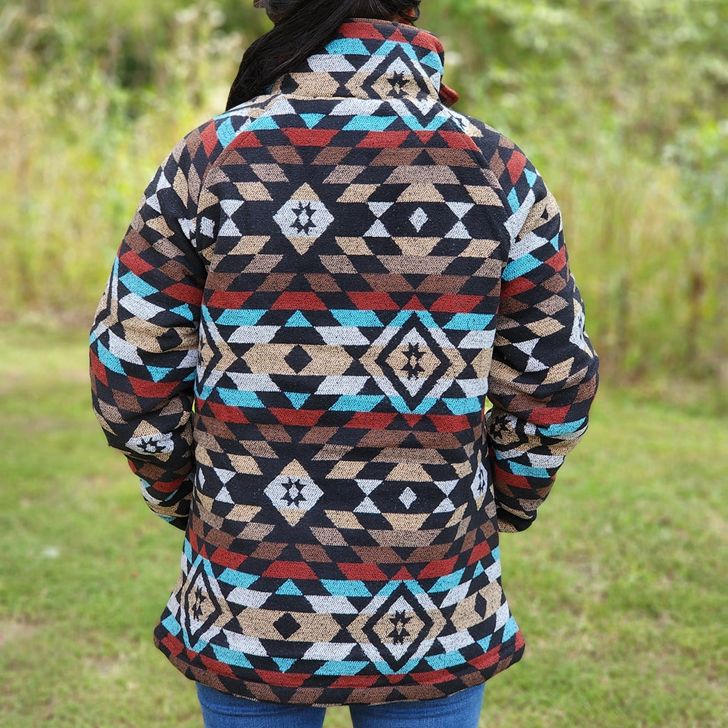 Shawl Lapel MultiPocketStyle Cruel Girl Women's Black Aztec Tweed Coat