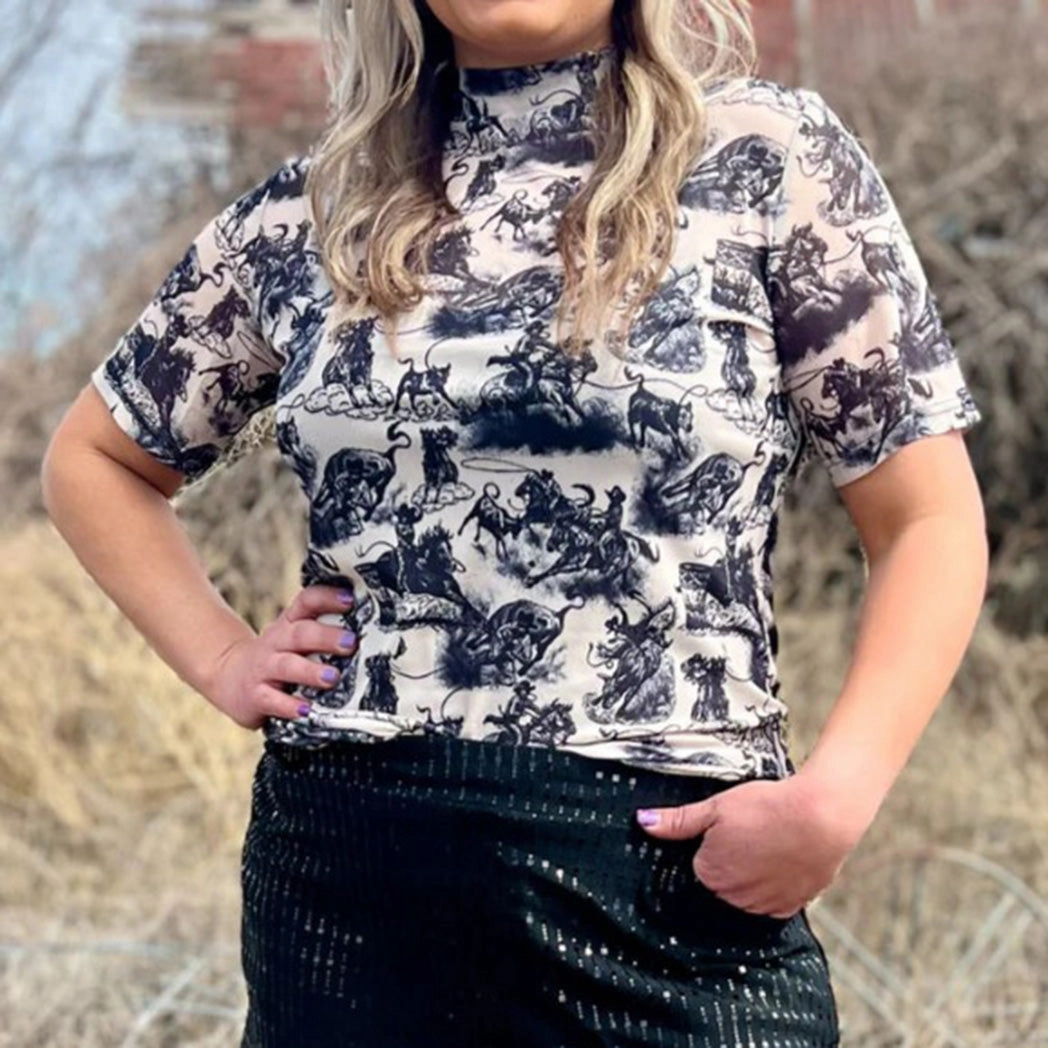 Women's White & Black Rodeo Mesh Short Sleeve Recycled Polyester Material Lightweight pullover