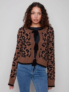 DualLayer Weave Charlie B. Plush Knit Bow Tie Cheeta Cardi
