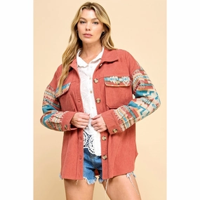 Waterproof Zipper Women's Rust & Aztec Contrast Corduroy Shacket