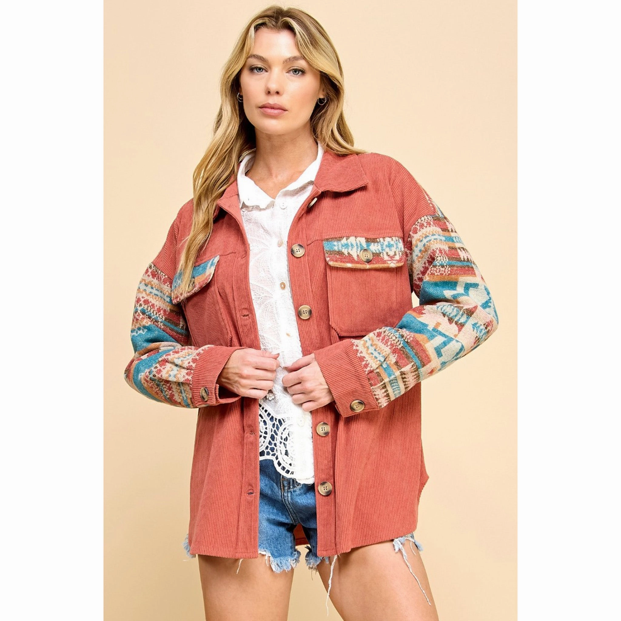 Waterproof Zipper Women's Rust & Aztec Contrast Corduroy Shacket