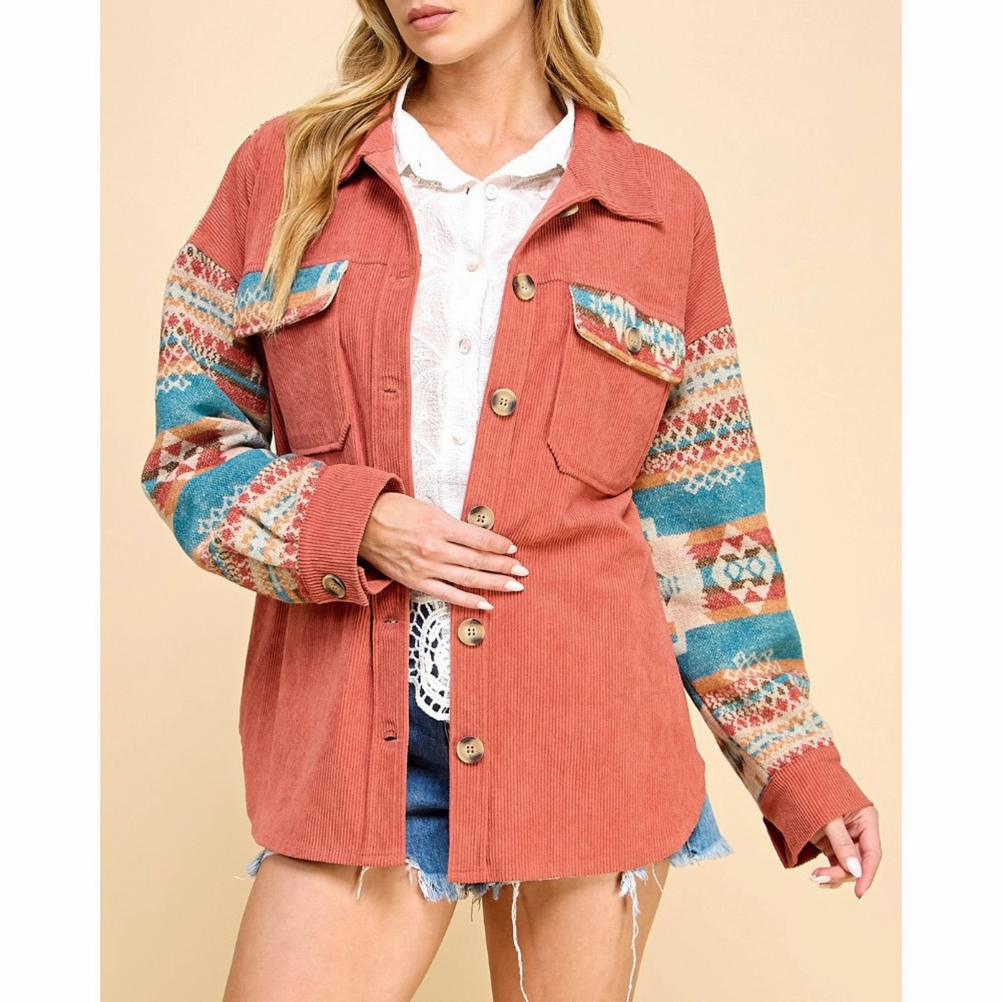 Women's Rust & Aztec Contrast Corduroy Shacket Heat Reflective Tech
