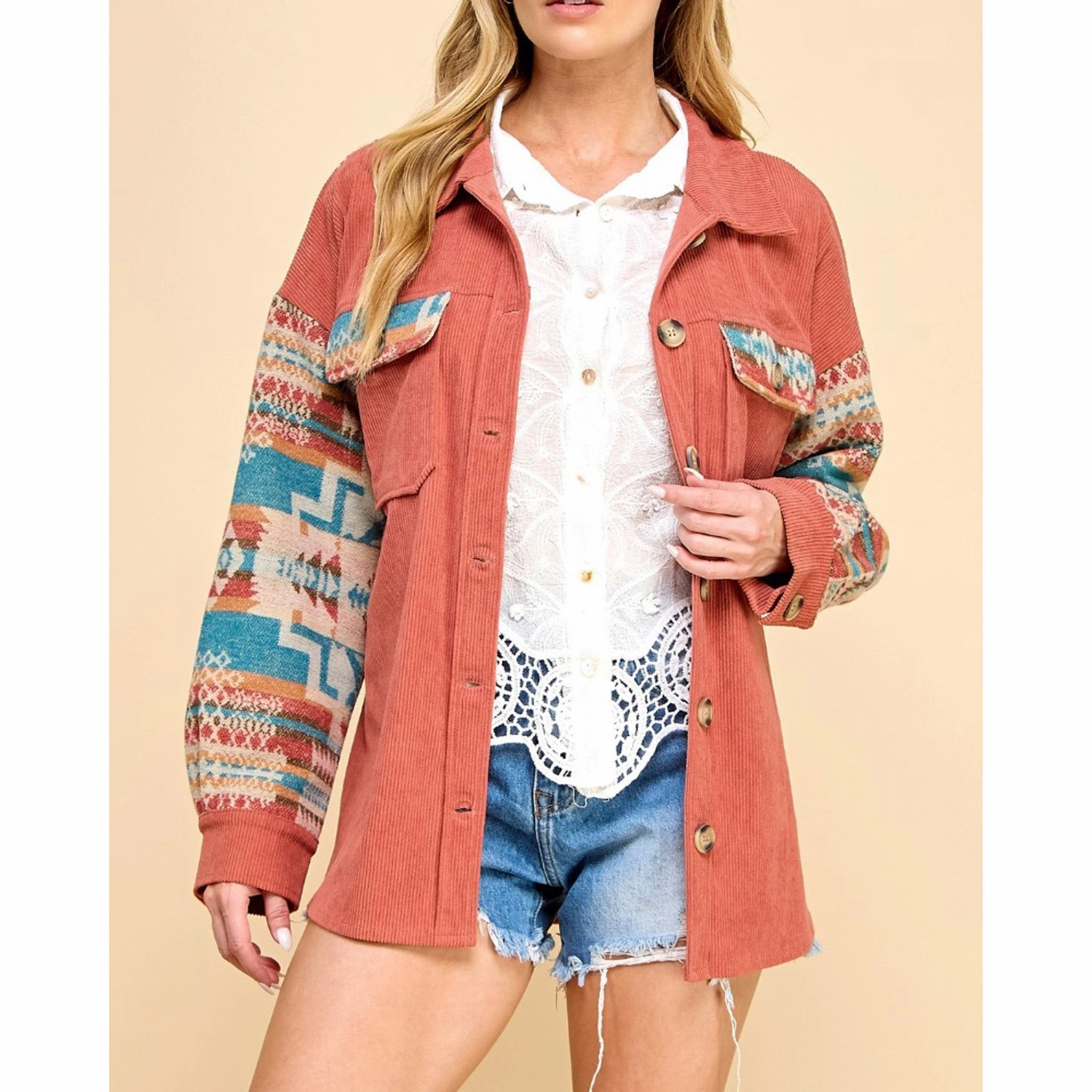 Women's Rust & Aztec Contrast Corduroy Shacket Reinforced Hems