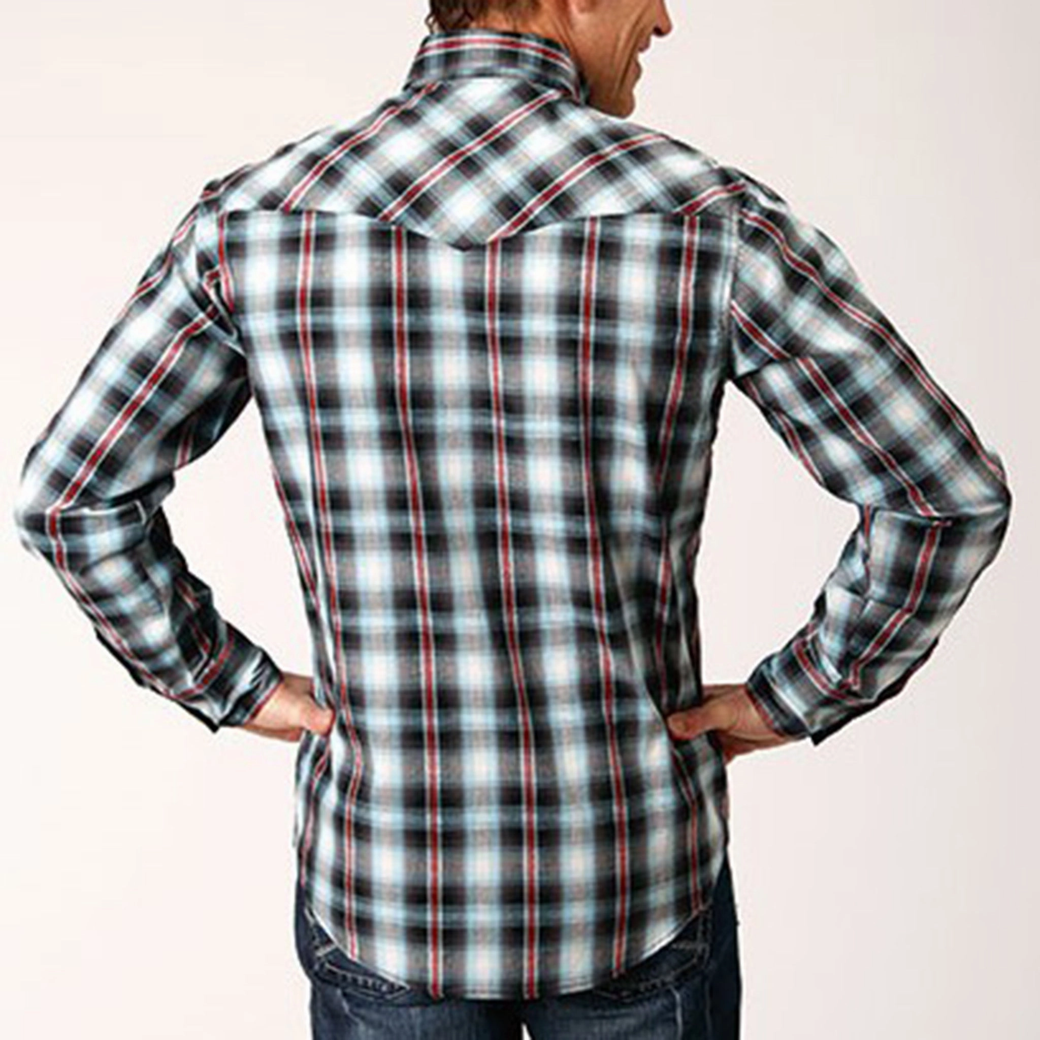 Roper Men's Black White Red Plaid Shirt Hidden Button Placket