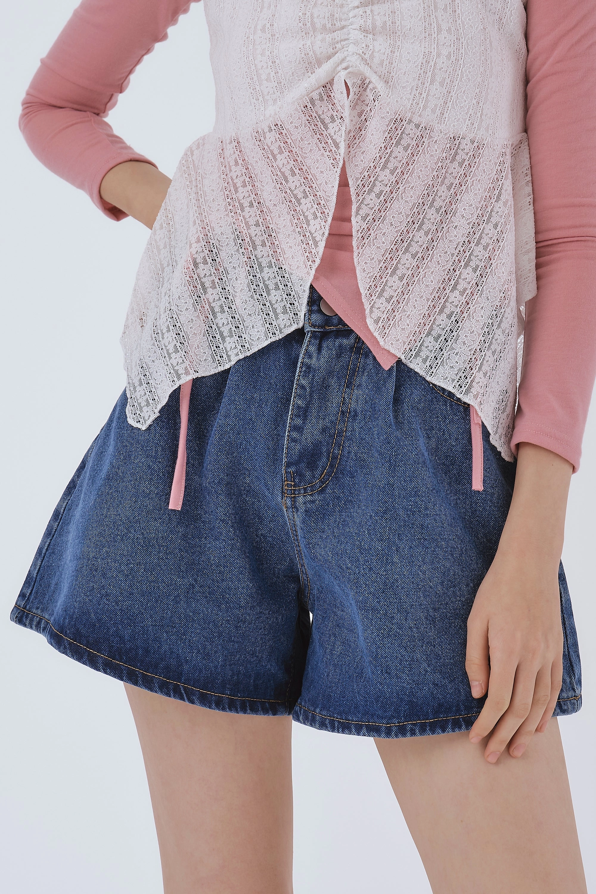 Zoe Pintucked Denim Shorts Anti Slip Belt Loops