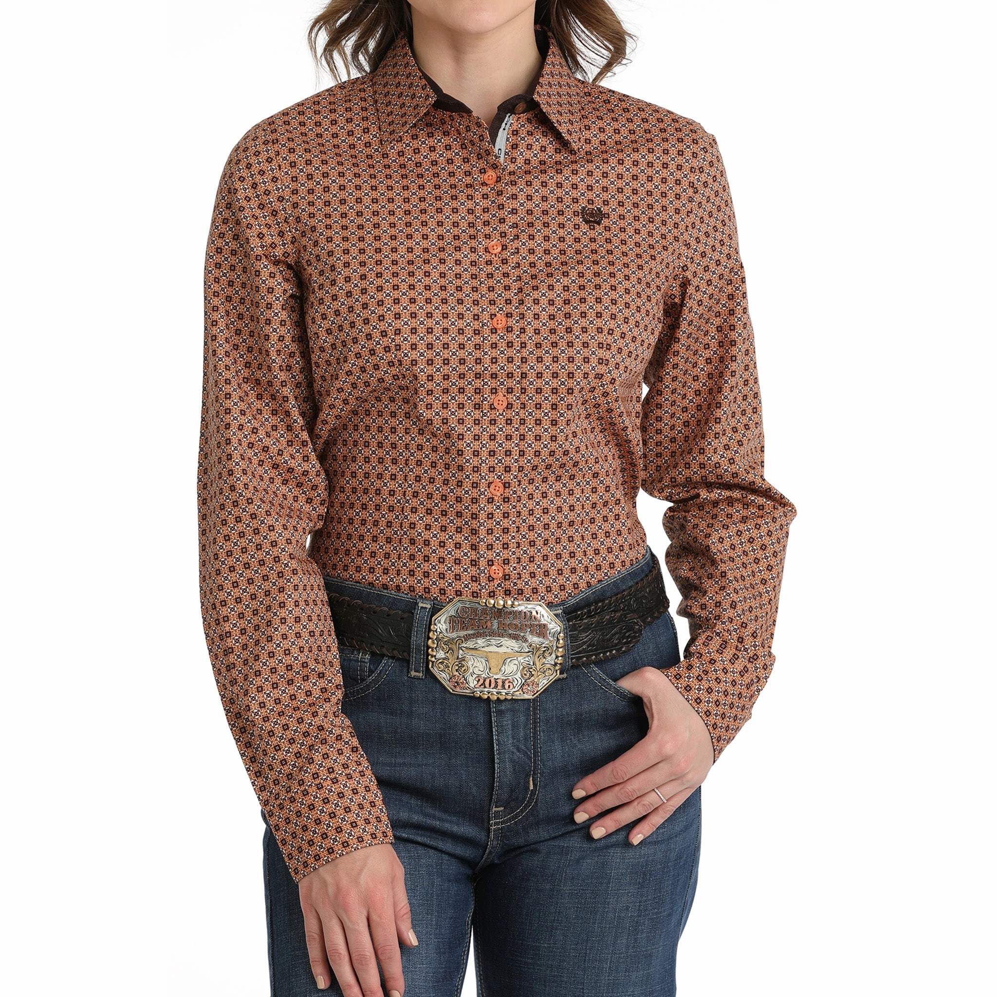 Cinch Women's Coral Geometric Long Sleeve Shirt RawHemDetail HighDurabilityWeave