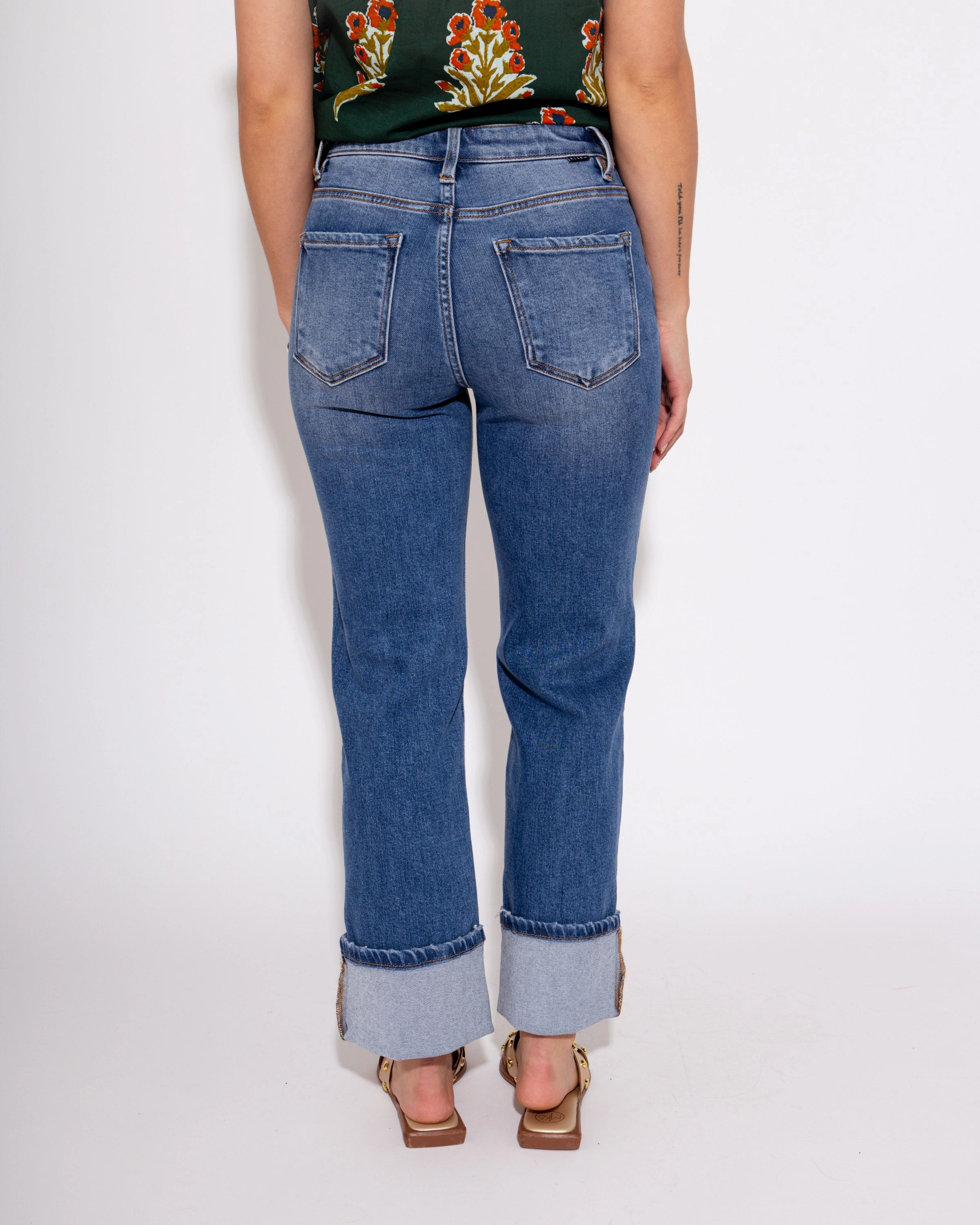 High Rise Ankle Straight Wide Cuffed Jean in Medium Relaxed Thigh Cut Sleek Option