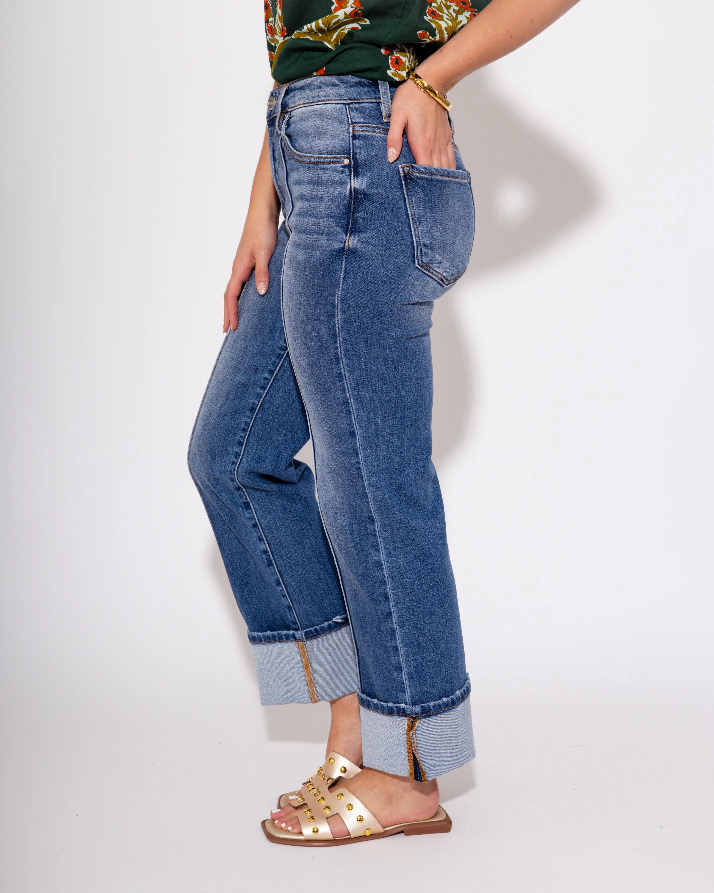High Rise Ankle Straight Wide Cuffed Jean in Medium Unisex Outfit