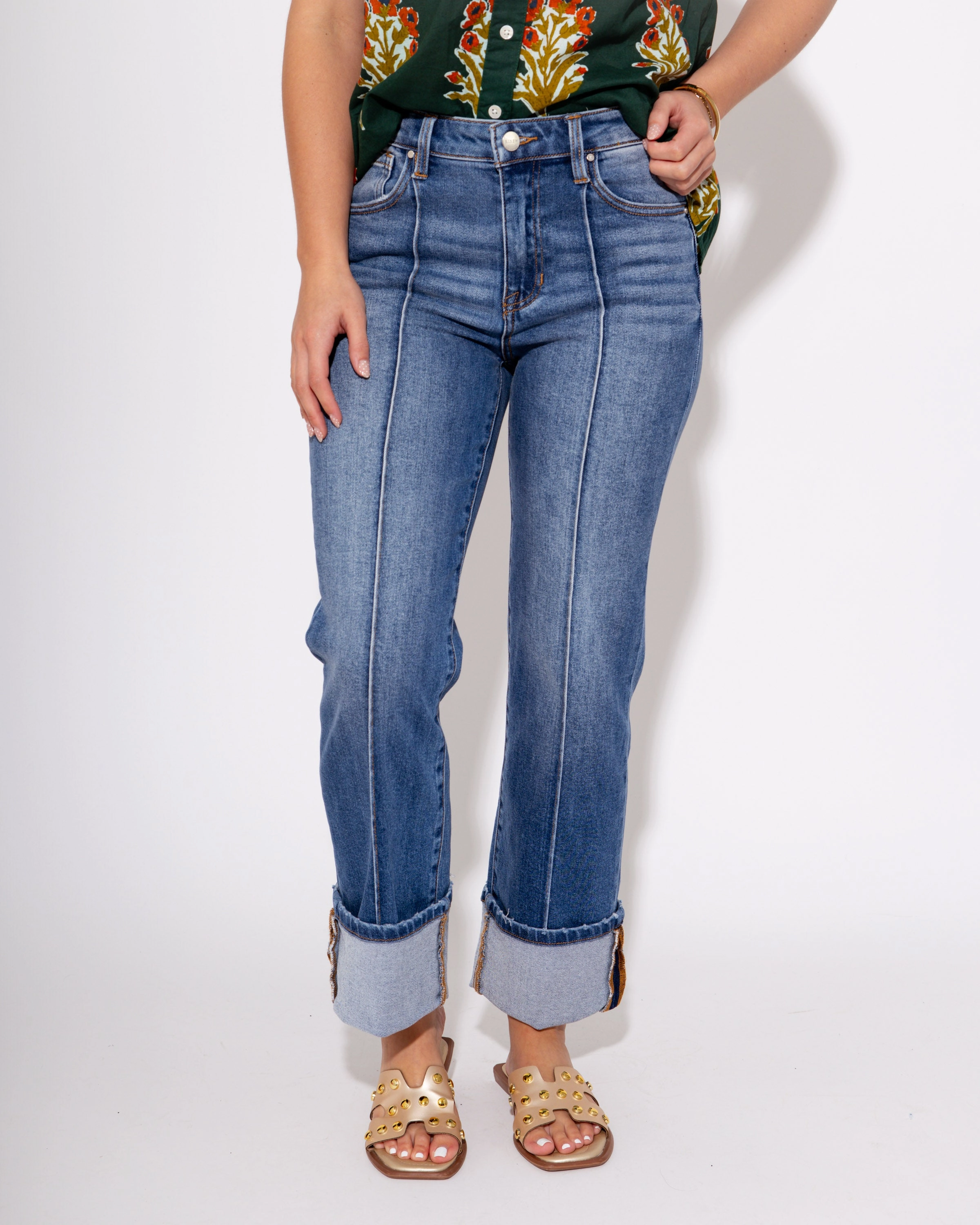 High Rise Ankle Straight Wide Cuffed Jean in Medium Garment Dyed Technique Adaptive Stretch Fabric