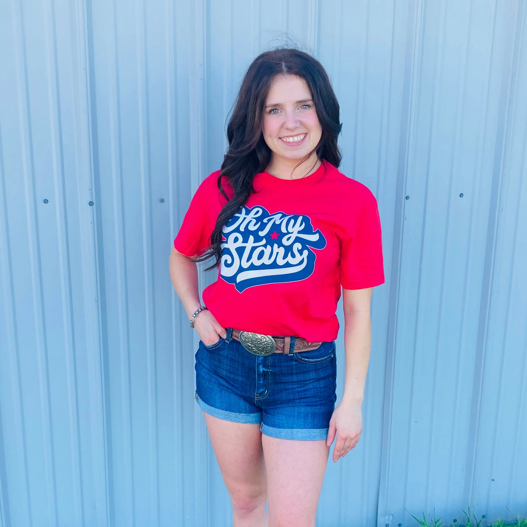 Oh My Stars Red Tee Curved Hem Design