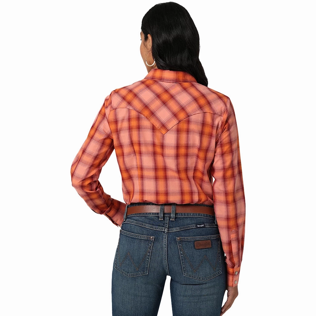 Ultrasoft Inner Lining Wrangler Women's Orange Plaid Pearl Snap Long Sleeve