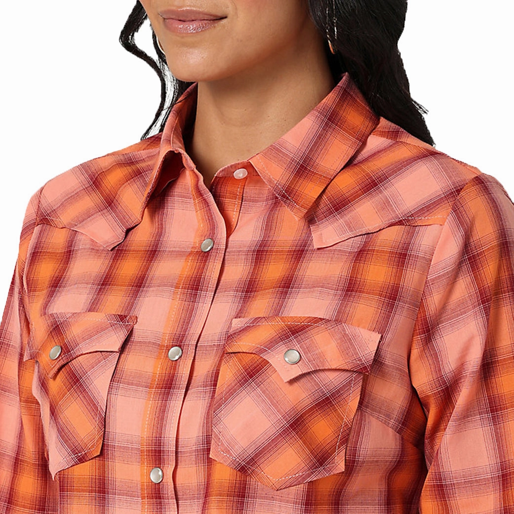LaserCut Edges Wrangler Women's Orange Plaid Pearl Snap Long Sleeve