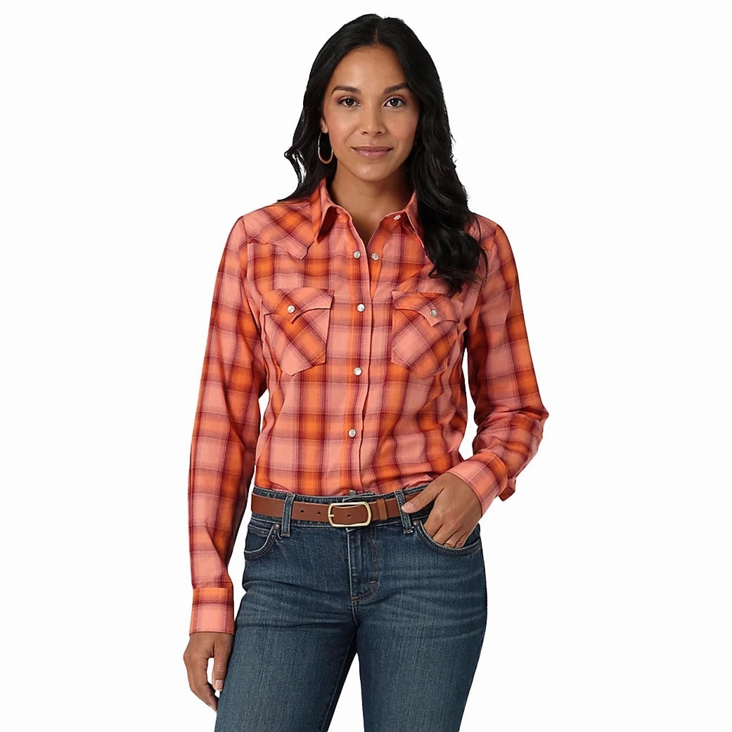 Antibacterial Wrangler Women's Orange Plaid Pearl Snap Long Sleeve